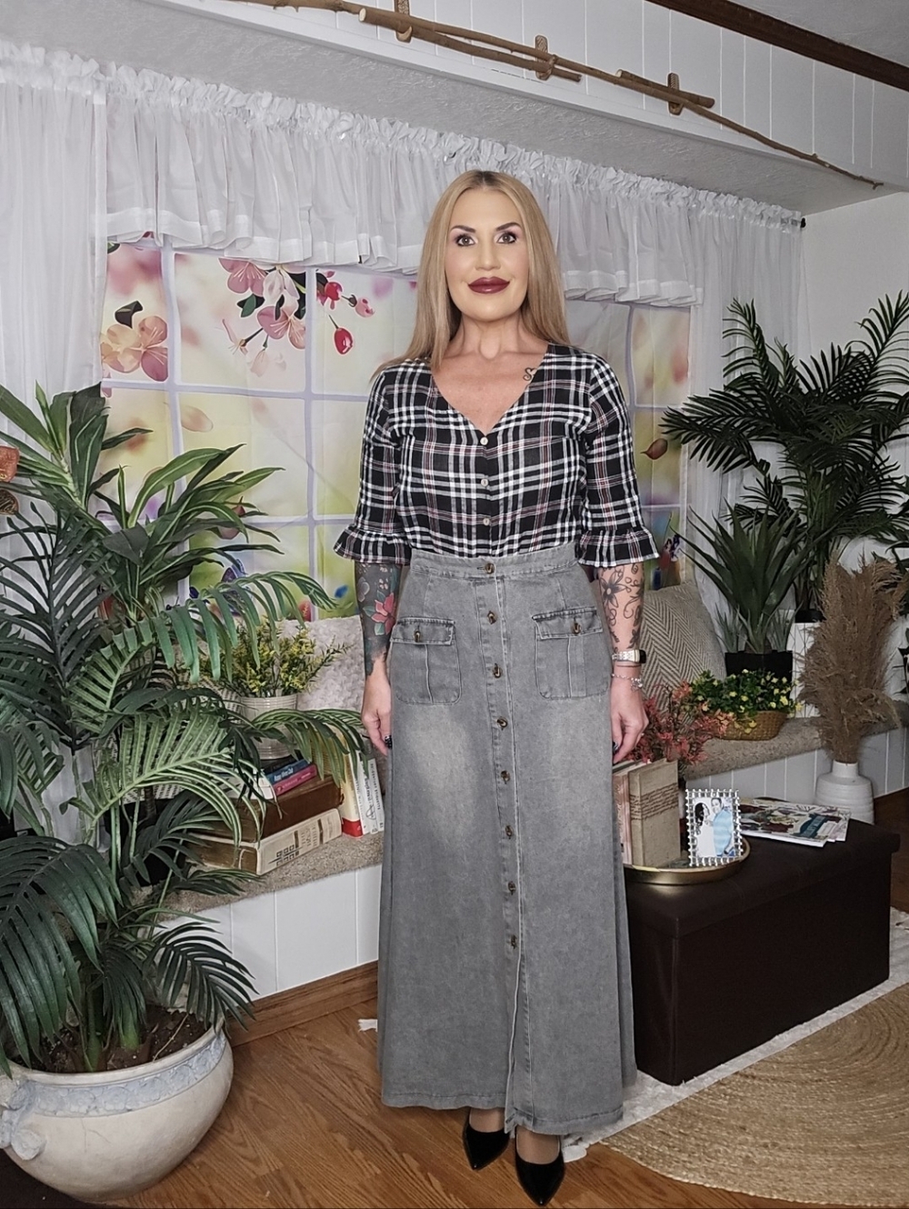 Gray Denim Maxi Button-Down Skirt